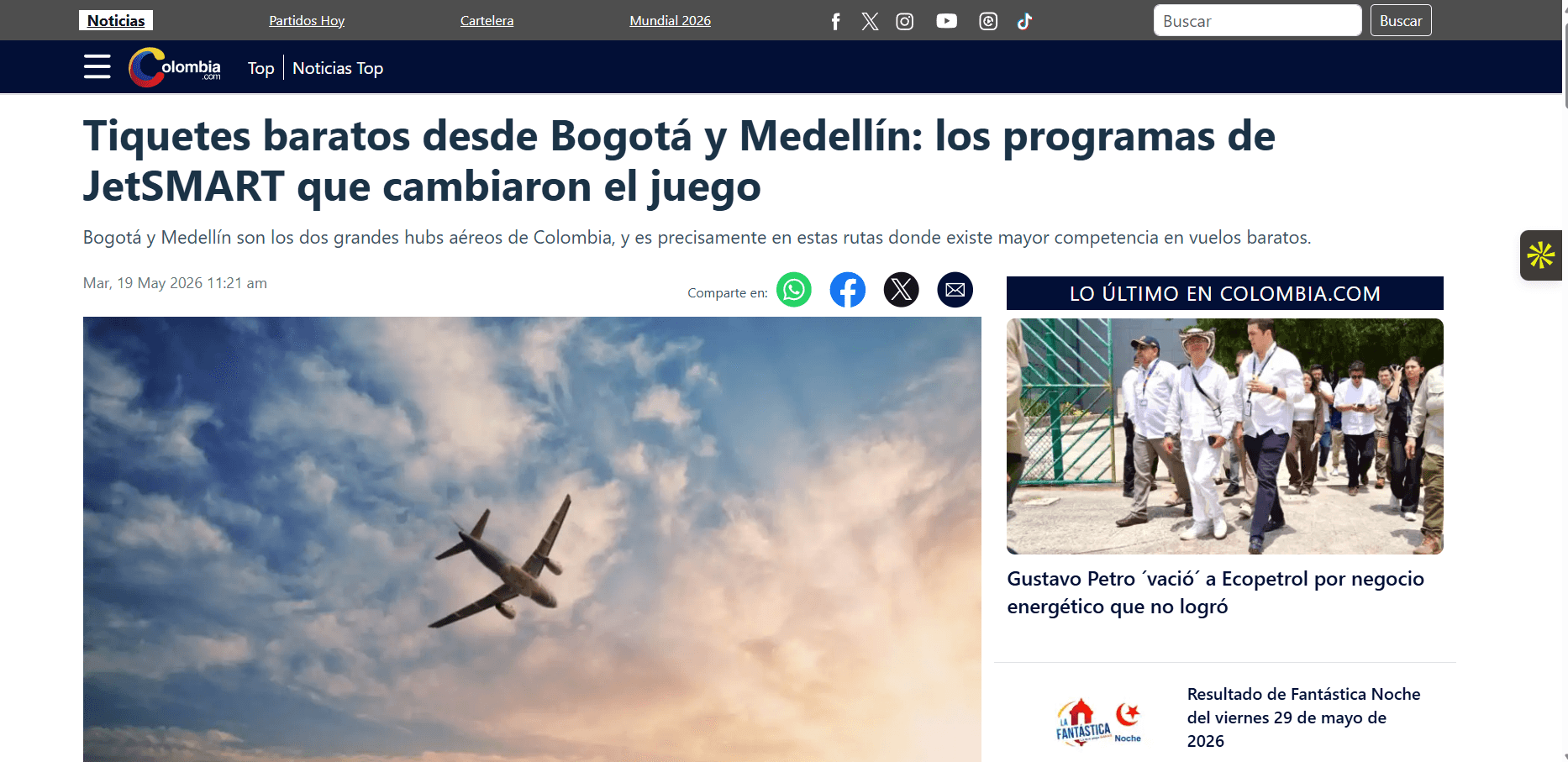 Nota de prensa de JetSMART en Colombia