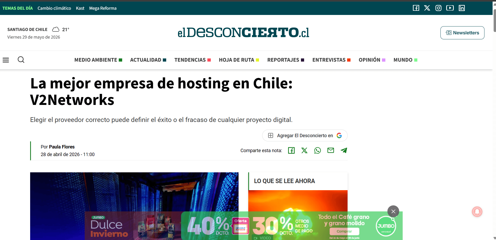 Nota de prensa de V2Networks en El Desconcierto